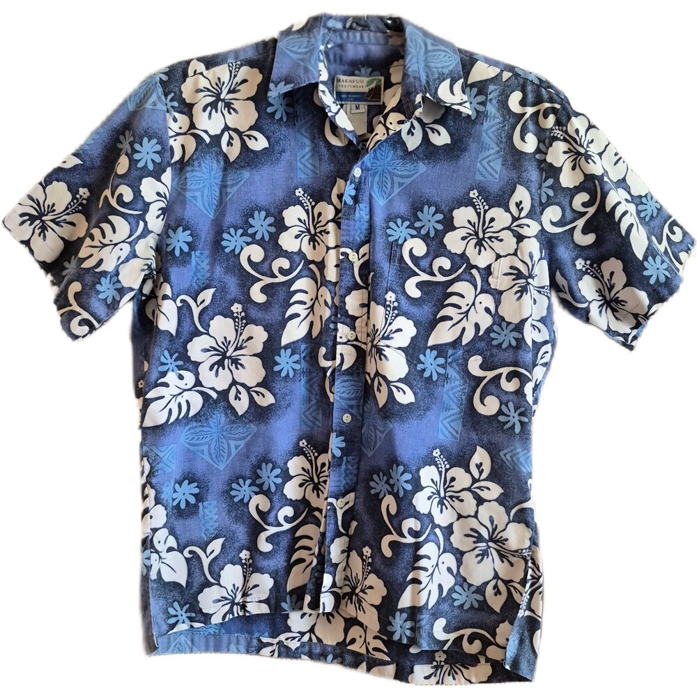 Makapuu Men's Hawaiian Shirt Size Medium Blue White Tropical Floral Aloha USA